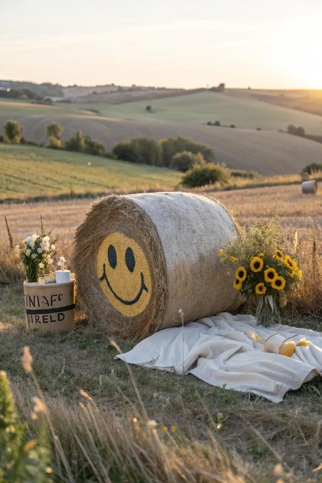 Impart smiles and chuckles through hay bales painted as amusing and demonstrative smiley faces.