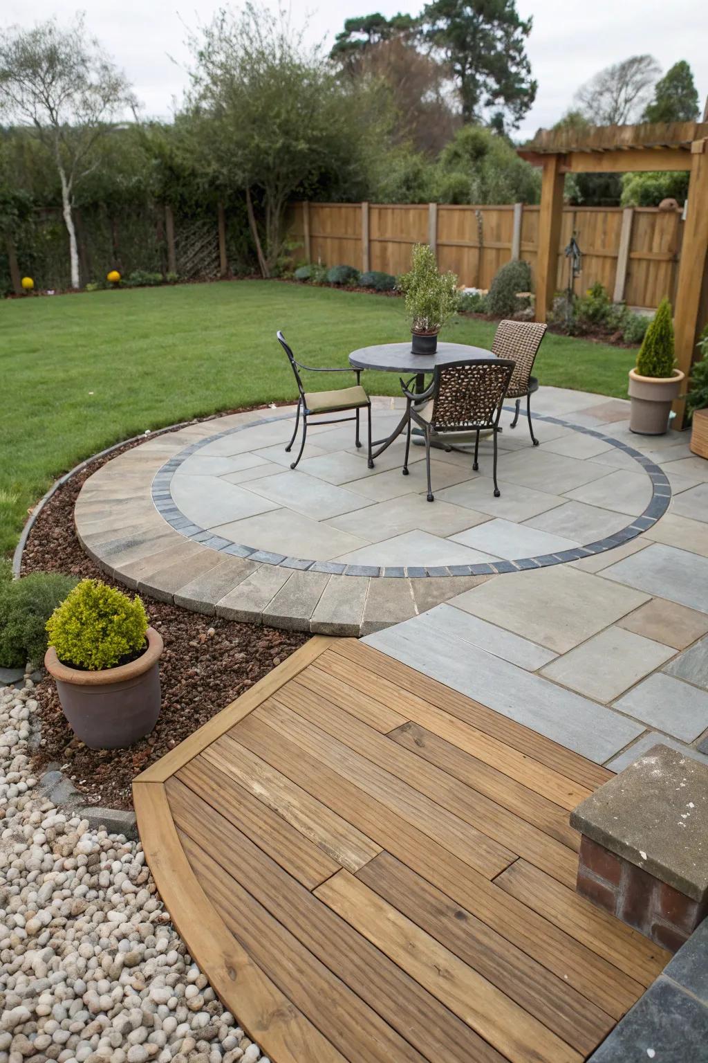 Mixed materials give this patio a unique and textured appearance.