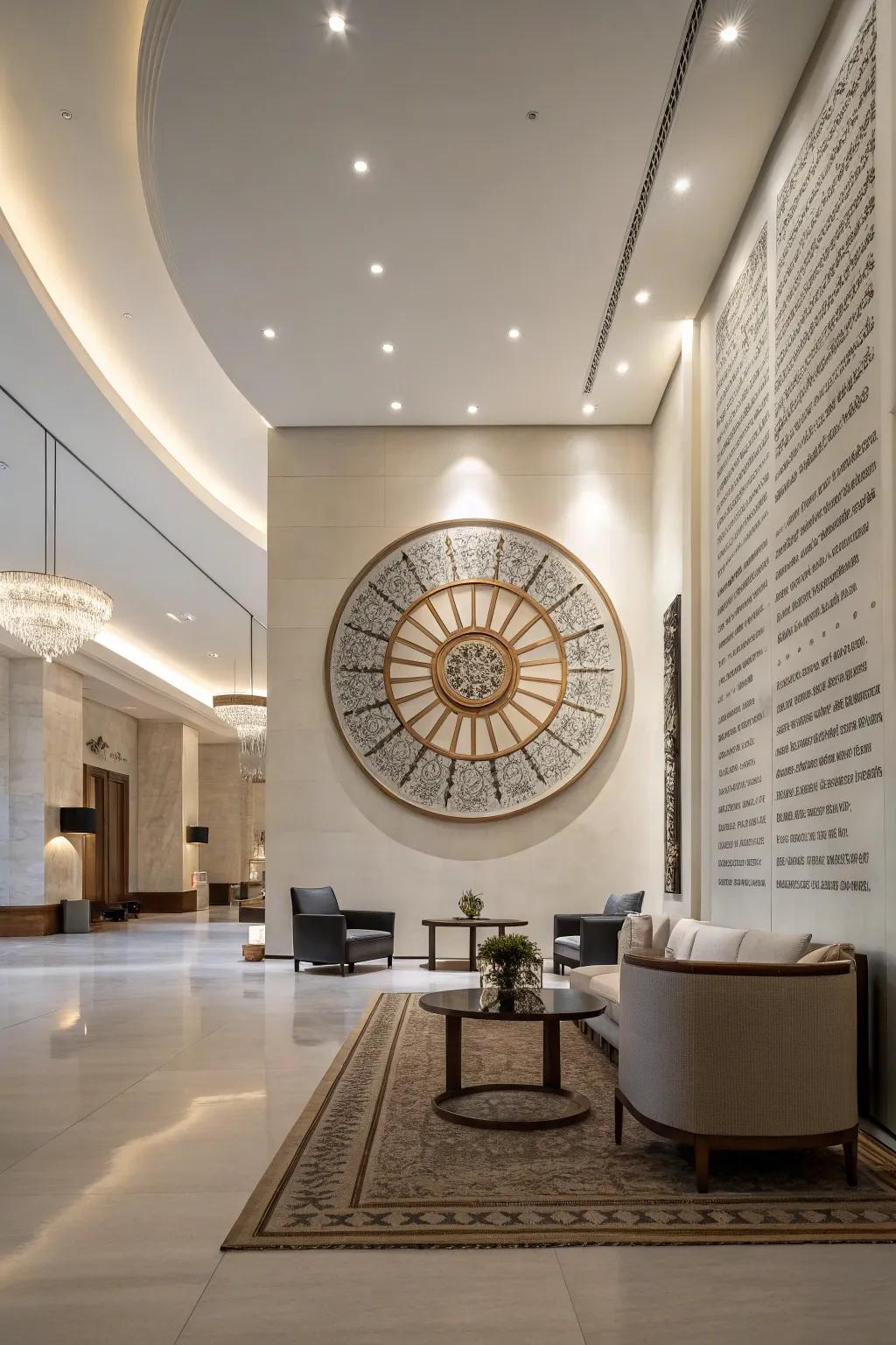 A spacious room featuring an expansive circular statement piece that delivers an impactful impression.