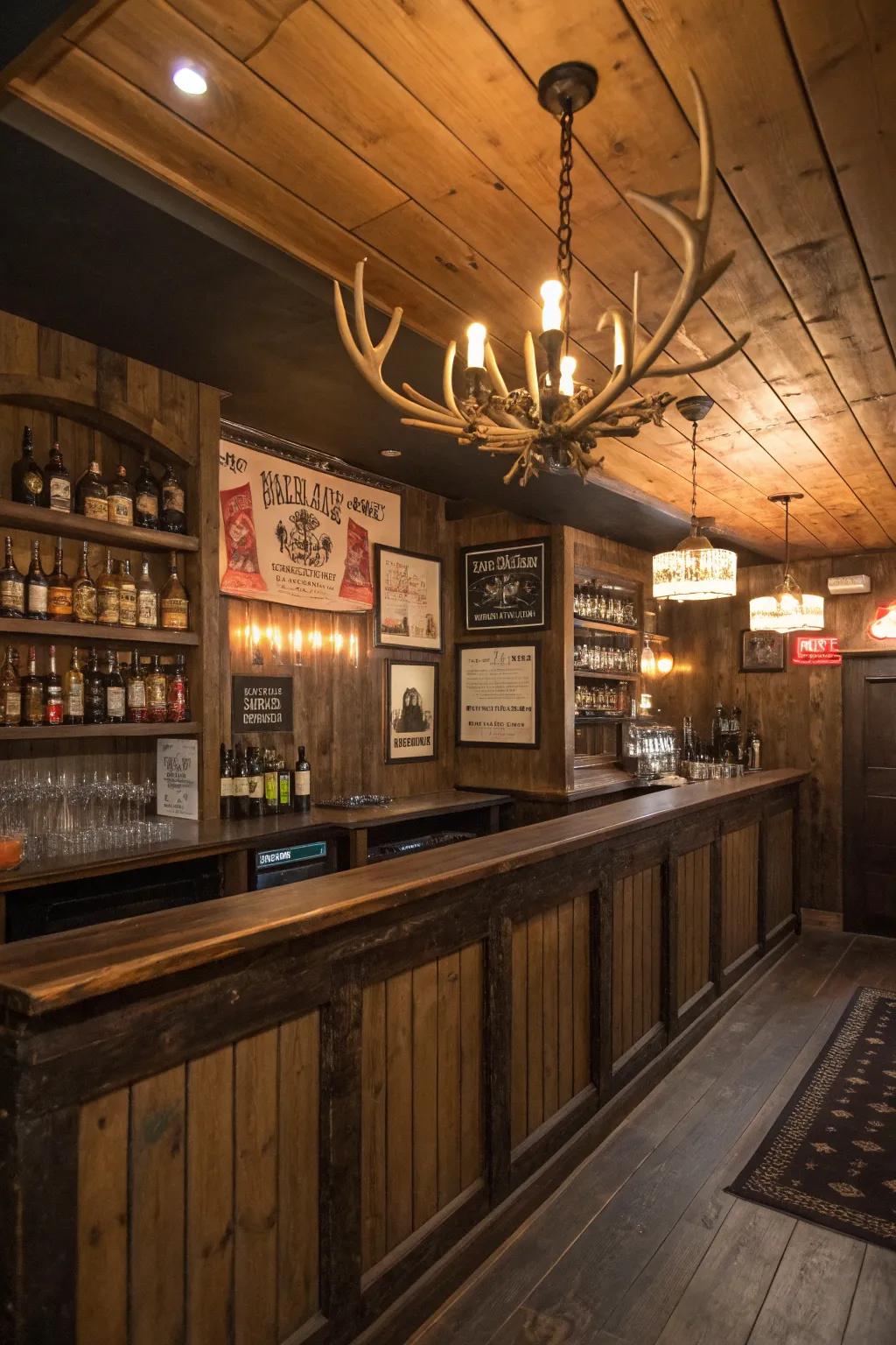 An antler-fashioned chandelier acting as a bold and sophisticated focal point.