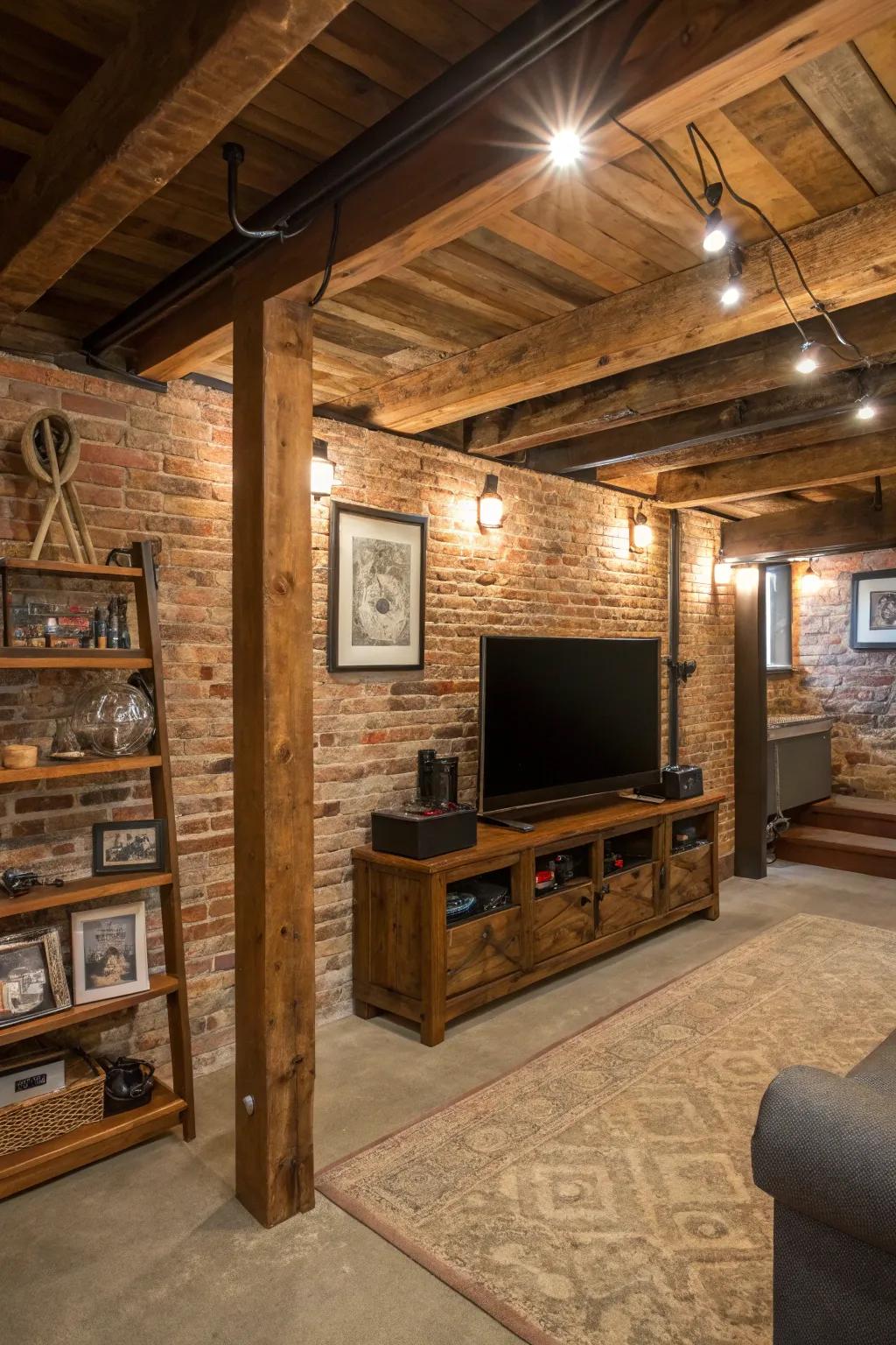 Modern comforts blend effortlessly in a rustic basement.