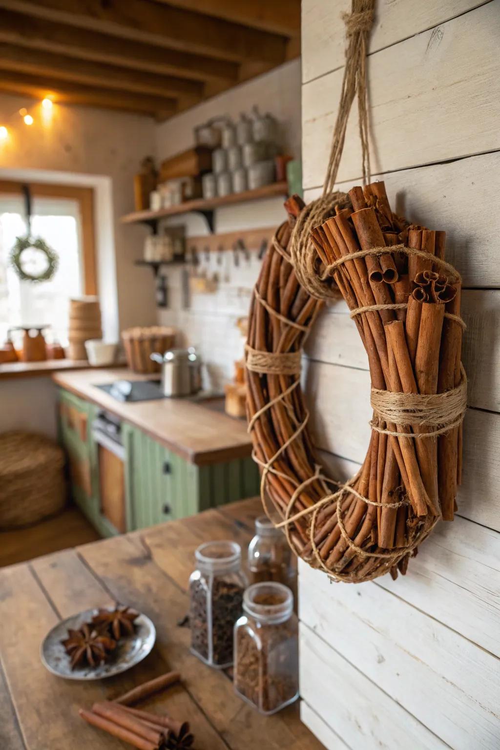 Cinnamon sticks permeate this wreath with a warm fragrance.