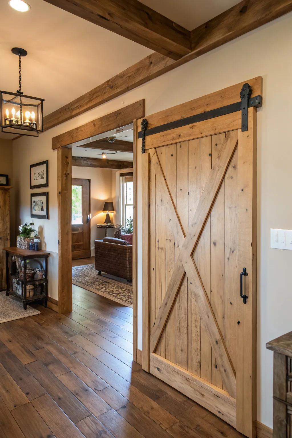 A farmhouse styling door trim with alluring cross-bracing specifics.