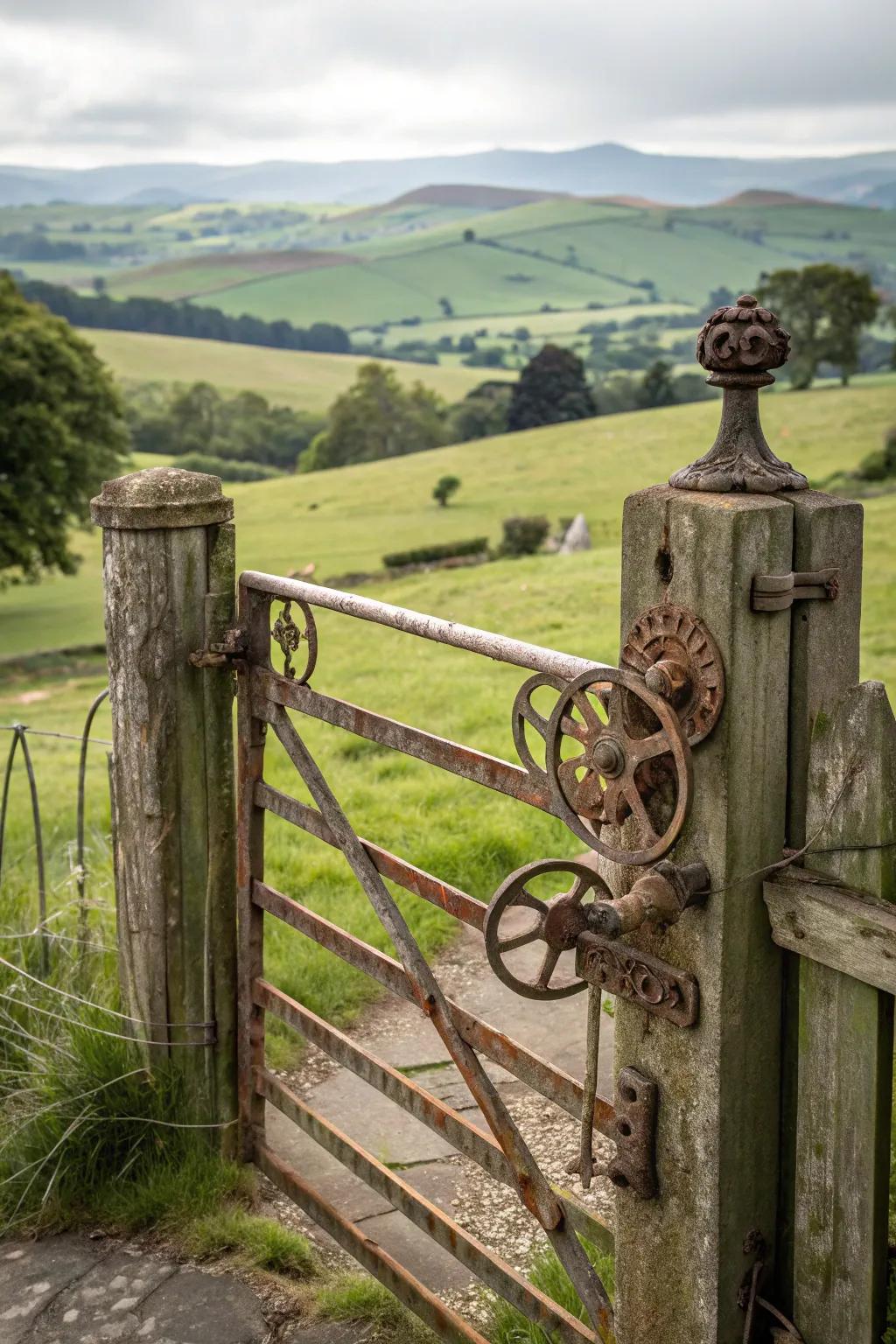 A rustic gate showcasing vintage fixtures.