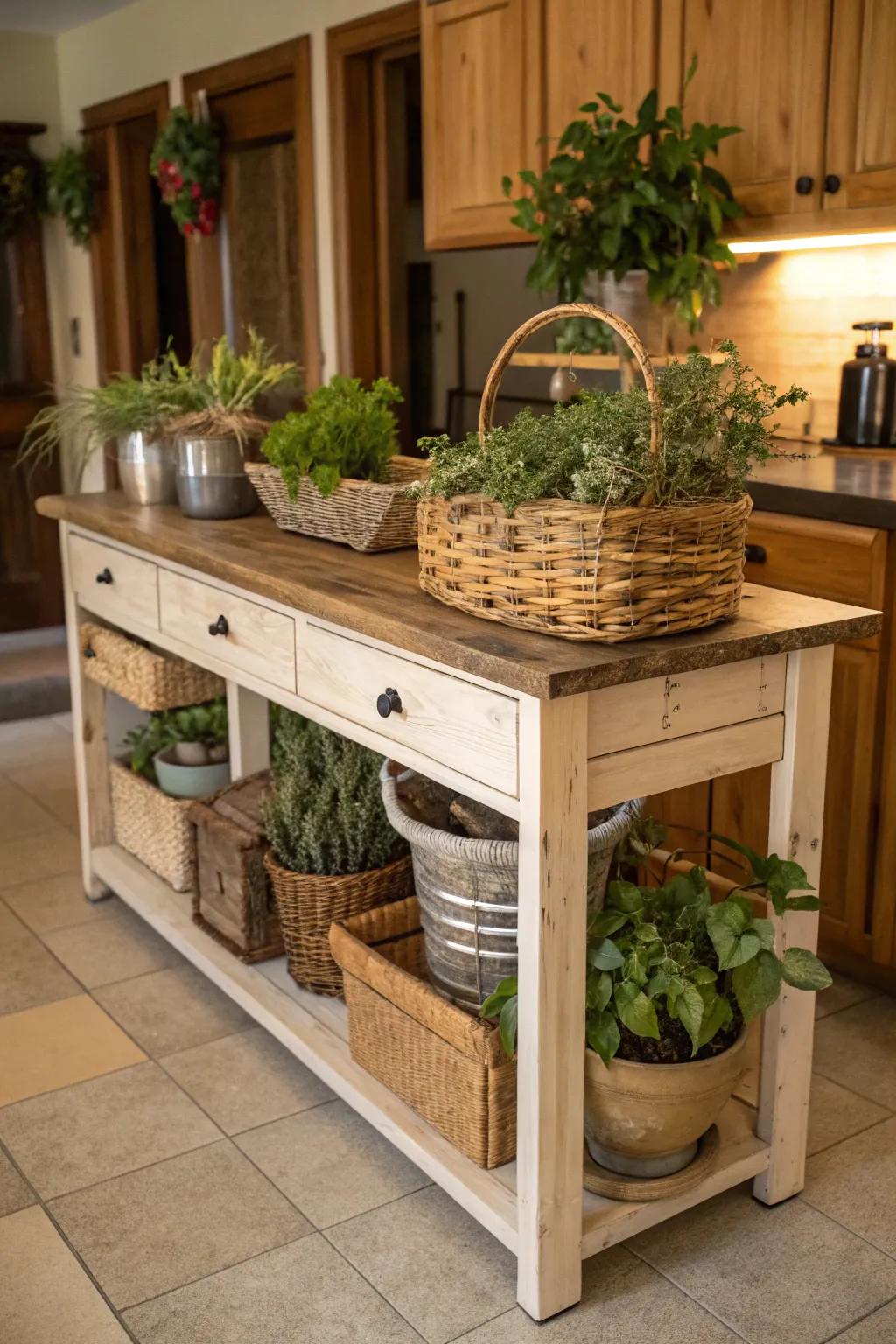 A farmhouse kitchen island embellished with decorative plants and containers.