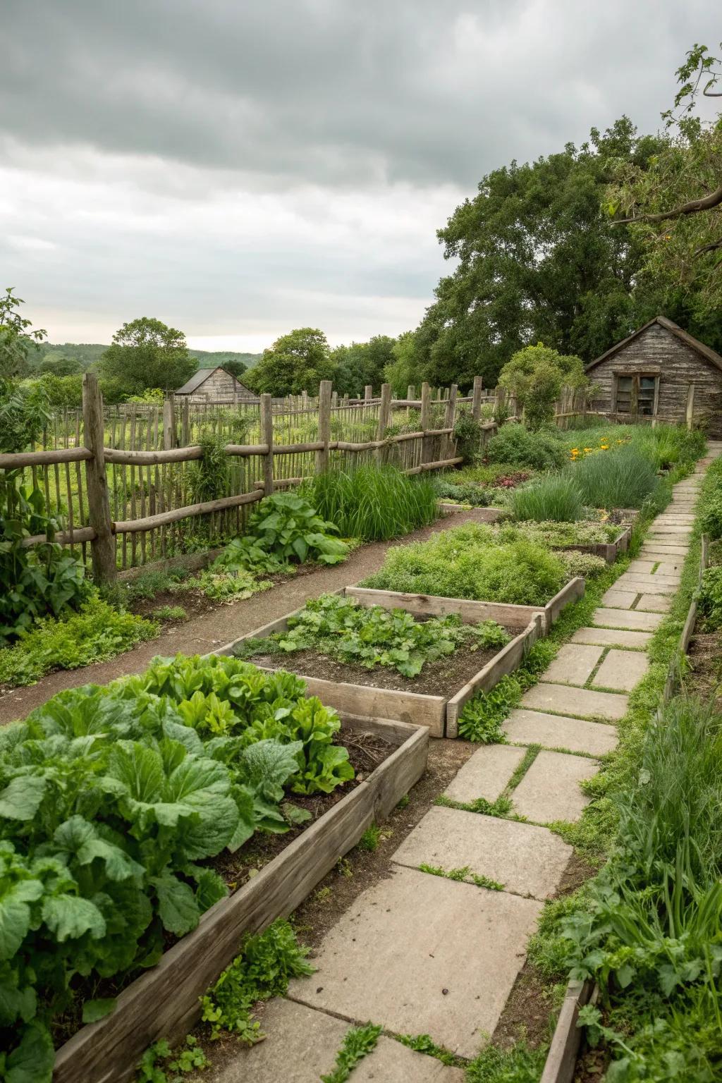 A flourishing vegetable and herb garden within a country setting.