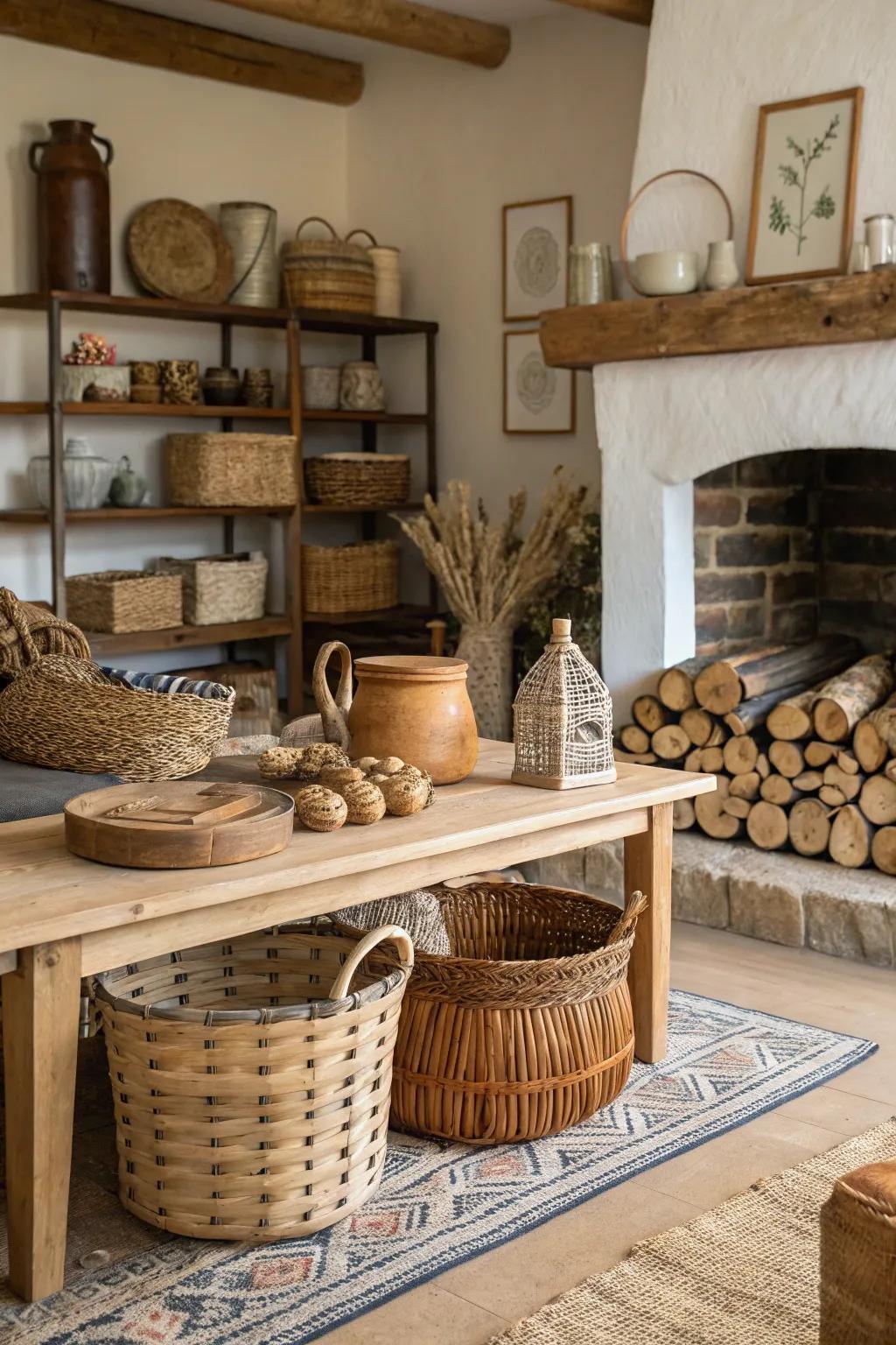 <strong><em>Rustic accessories</em></strong> heighten the allure of an abode’s innards.” loading=”lazy” class=”pimg”>
	</picture><figcaption><strong><em>Rustic accessories</em></strong> heighten the allure of an abode’s innards.</figcaption></figure>
<p>Ornamental objects similar to timber artifacts and interwoven containers inject an endearing rustic essence. I revel in curating these elements to narrate a chronicle within my residence.</p>
<h3>Some ideas to consider:</h3>
<ul class=