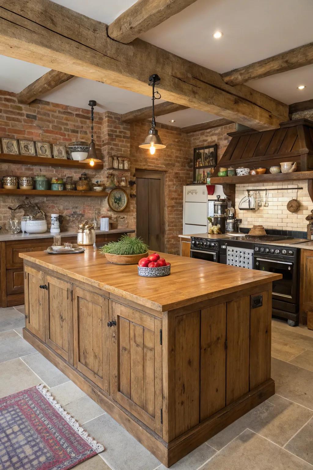 Large cooking space islands serve as functional centerpieces in country-style cooking spaces.
