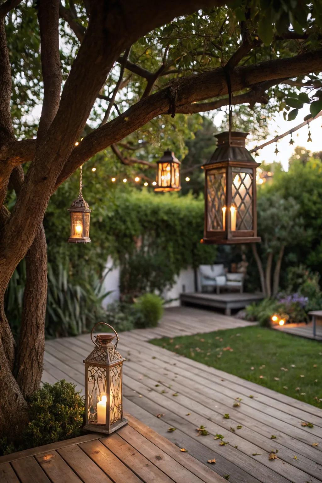 Outdoor lamps fashion an enchanting atmosphere on this veranda.
