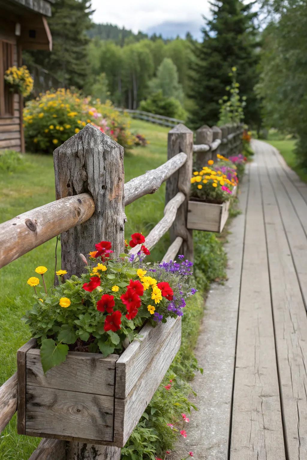 Planter boxes attached to a timber barrier bring vibrant life to a rustic setting.
