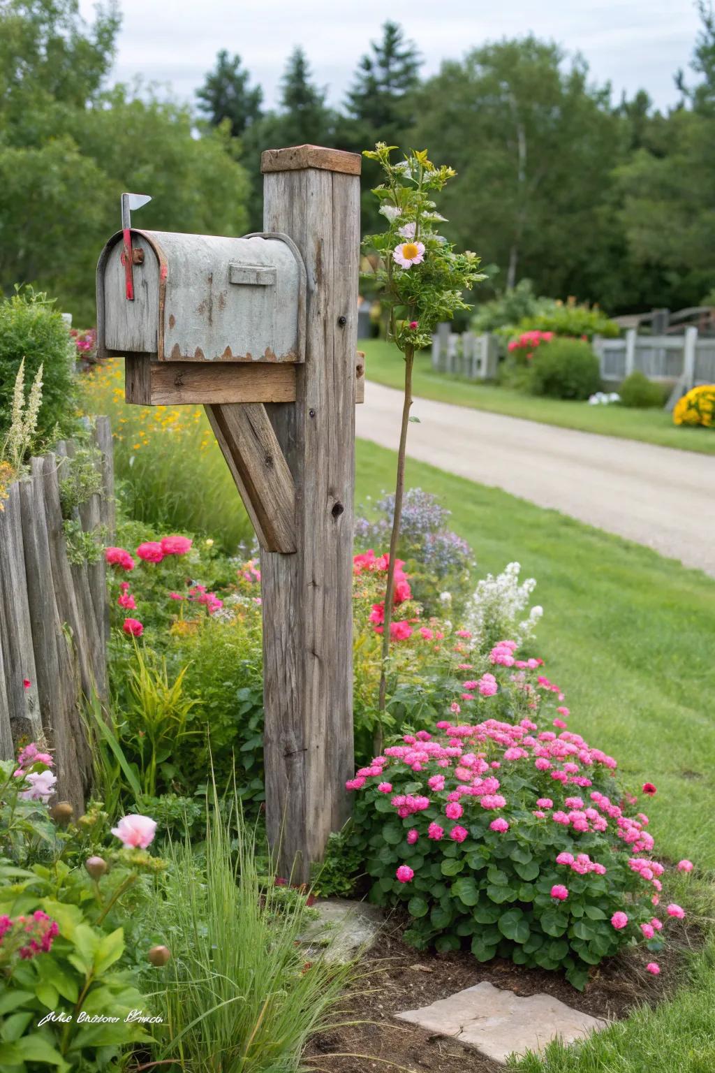 Cedar fence pickets construct a warm and welcoming mailbox stand.