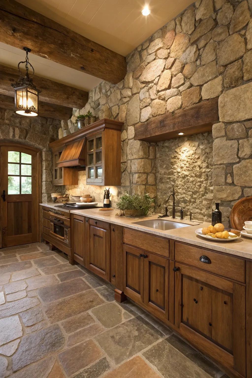 Stonework introduces a natural texture to this country kitchen.