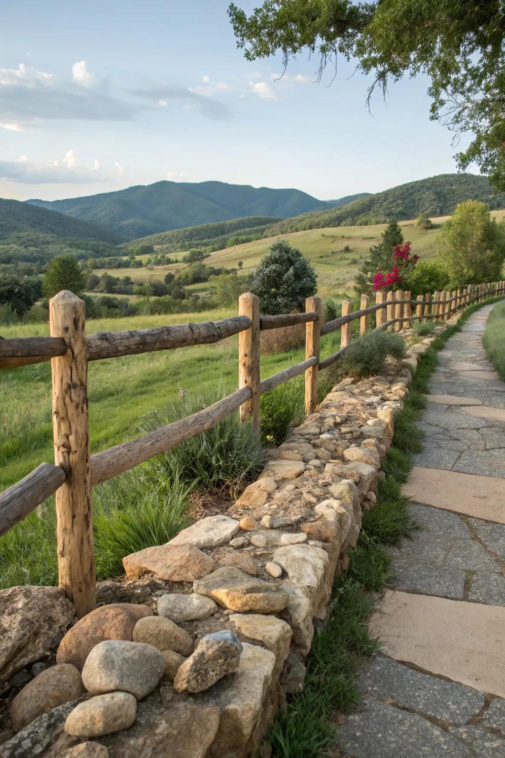 A rail fence beautifully integrated with natural stone elements.