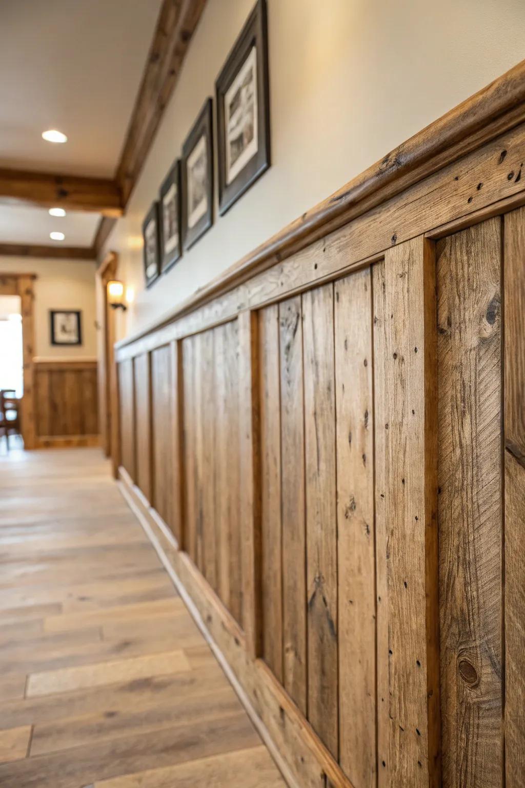 Reclaimed wood wainscoting adds historical value and charm.