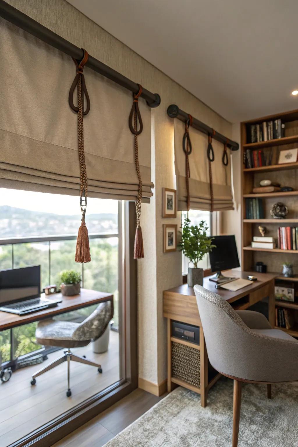 A stylish office featuring a valance detailing leather loop features, adding a hint of elegance.