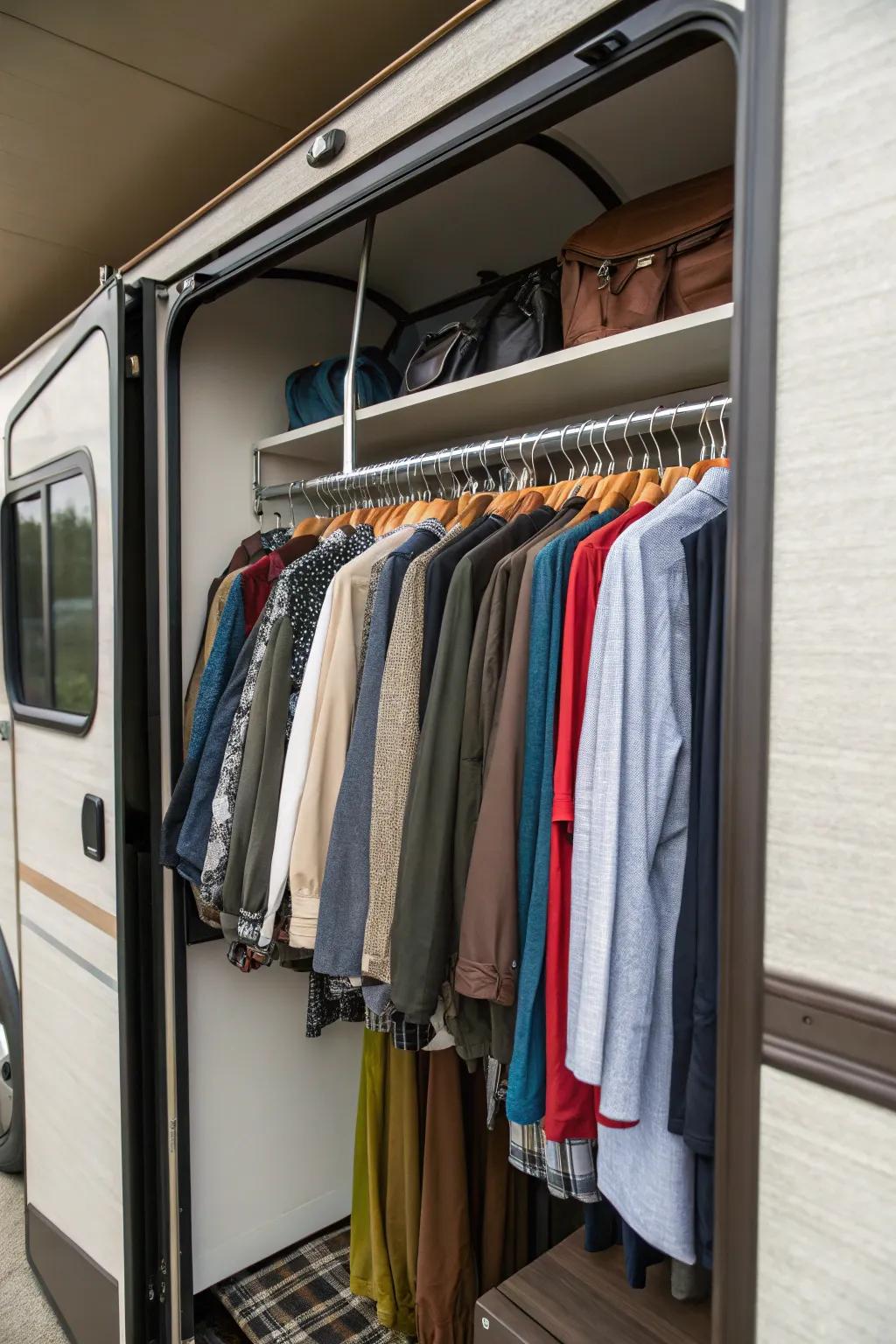 Graded hangers efficiently make use of vertical space inside an RV closet.