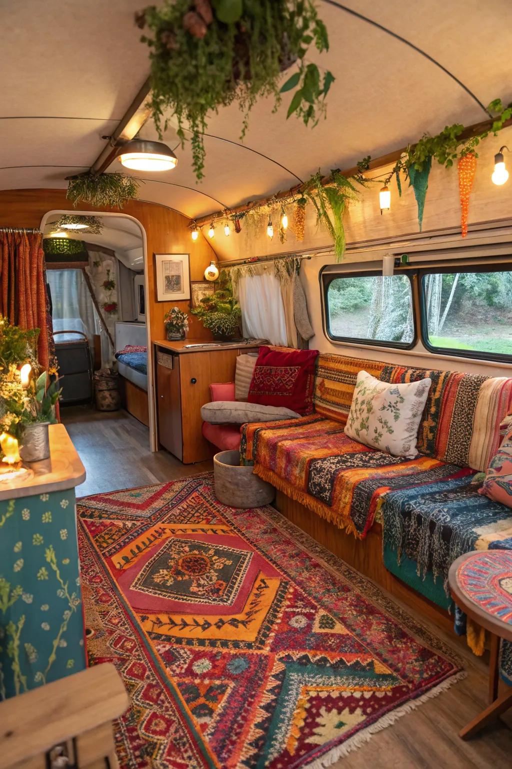 The bohemian refined aesthetic imparts an aura of uninhibitedness to this recreational vehicle.