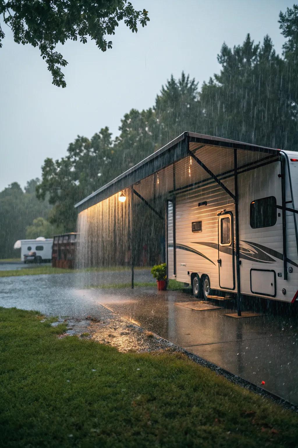 A vertical roof RV shed perfectly suited for wet climates.
