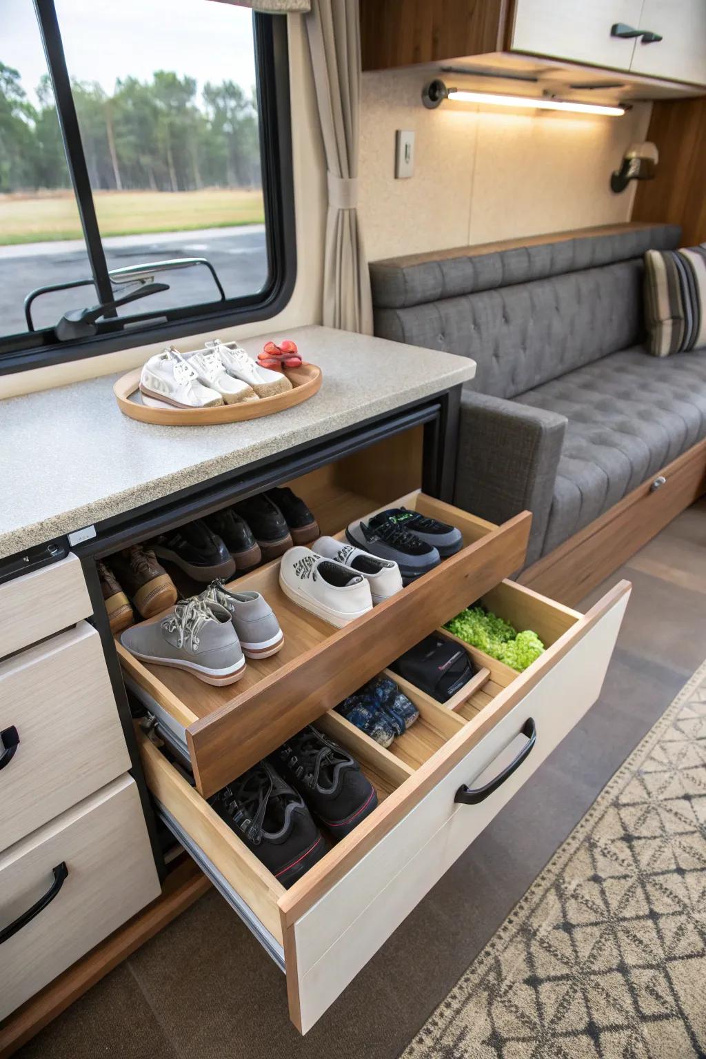 Hide your shoes in plain sight using beneath-dinette storage.