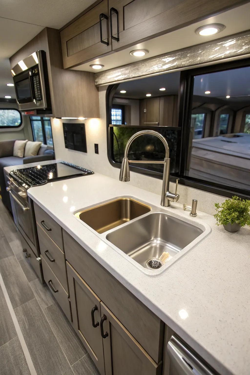 An under-mount basin offering a streamlined want to an RV cooking area.