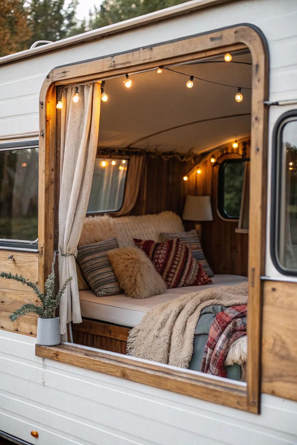 Countryside wood structures introduce a cozy, cabin-like allure to RV windows.