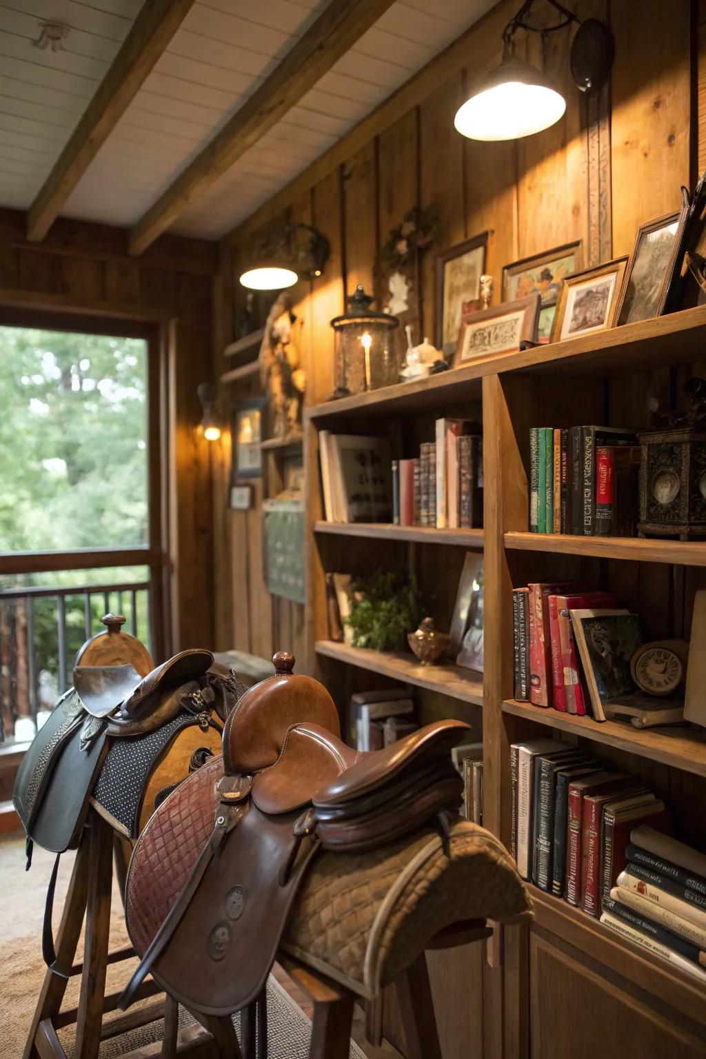 Equine seats repurposed as shelves introduce a distinctive twist to this study.