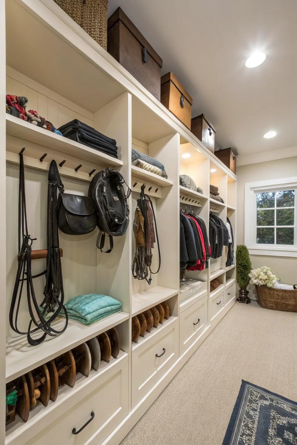 Shelves offer practical storage alongside your equine seats.