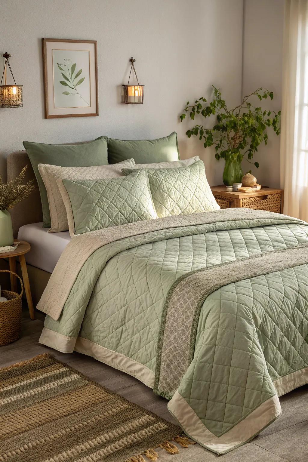 With pale green and beige, you can create a tranquil atmosphere.