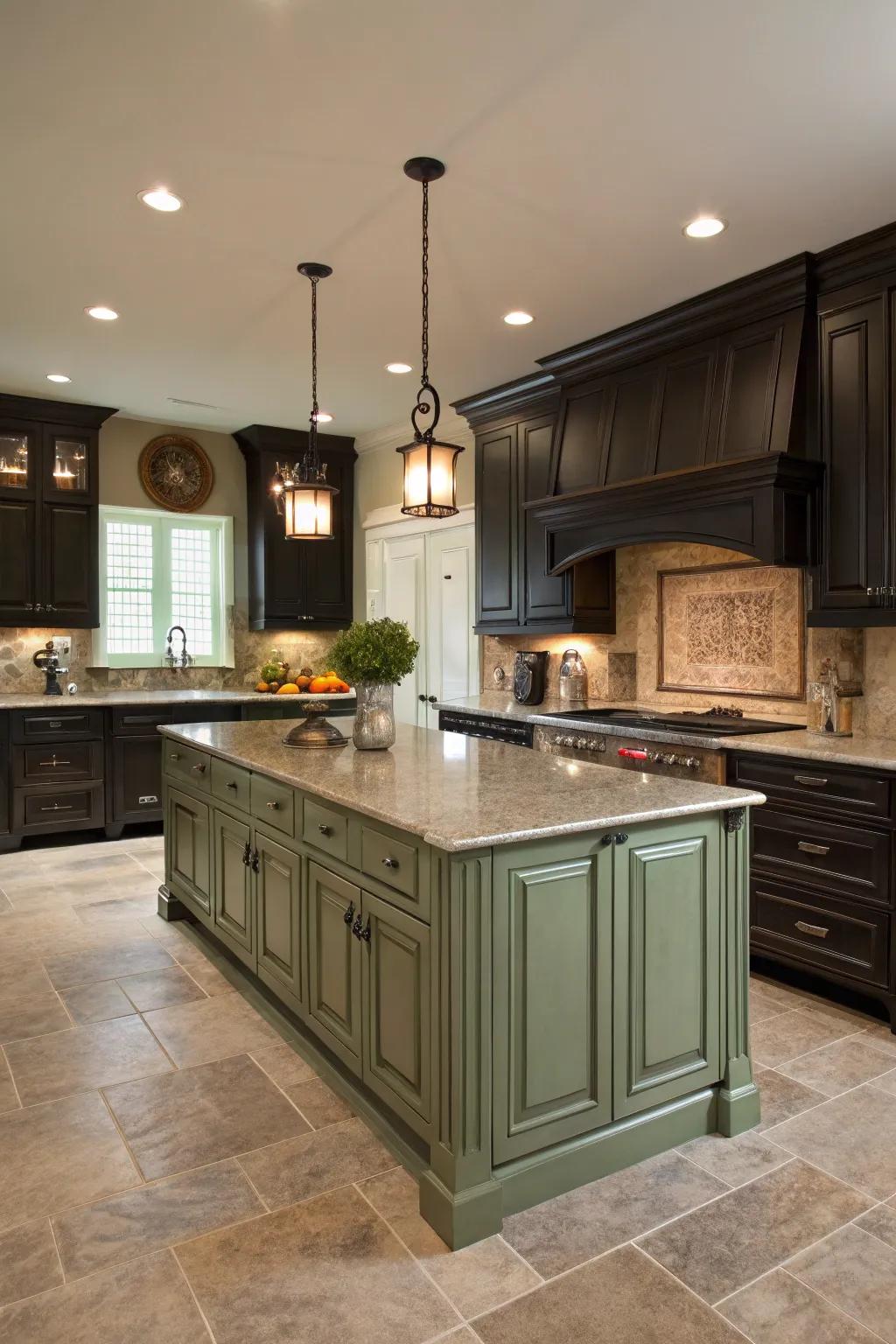 A contrasting centerpiece crafts a dazzling focal point in the kitchen.