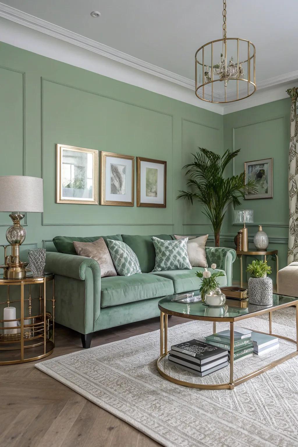 Metallic accents append a polished gleam to sage green interiors.