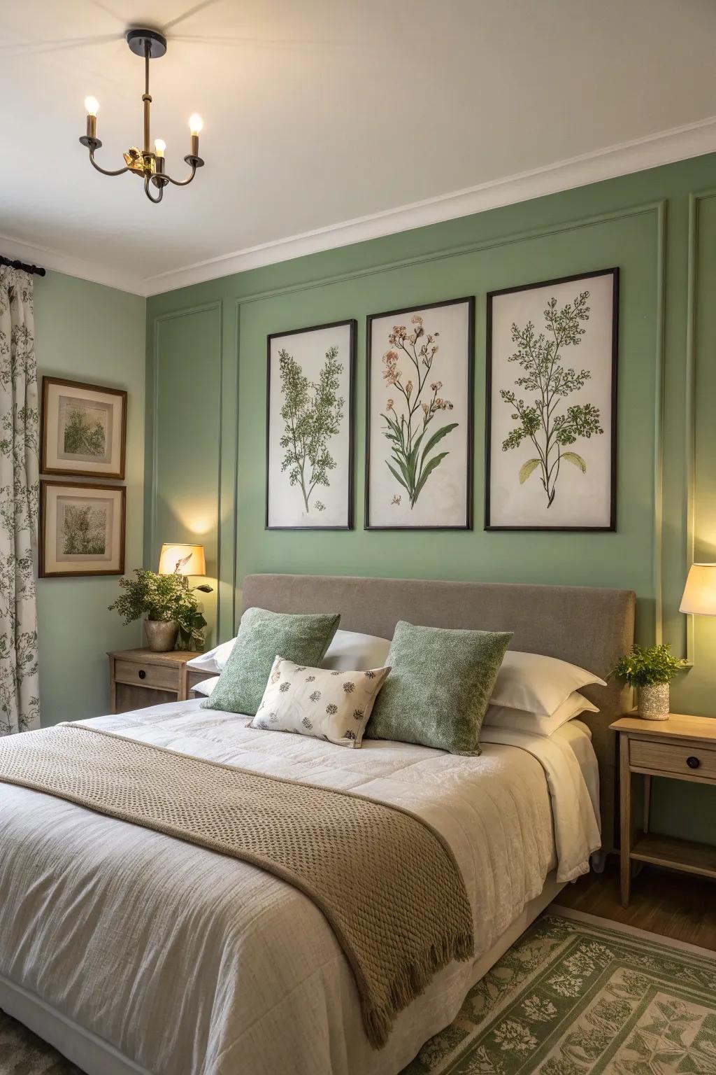 A bedroom merging misty green walls with plant life prints.