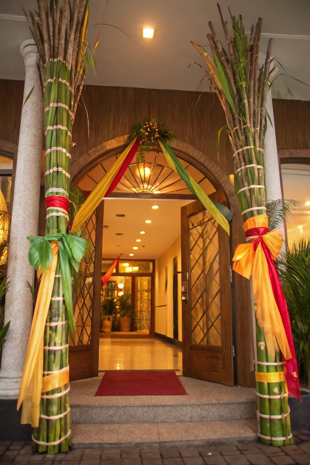 Sweet cane stalks impart countryside elegance to the entrance.