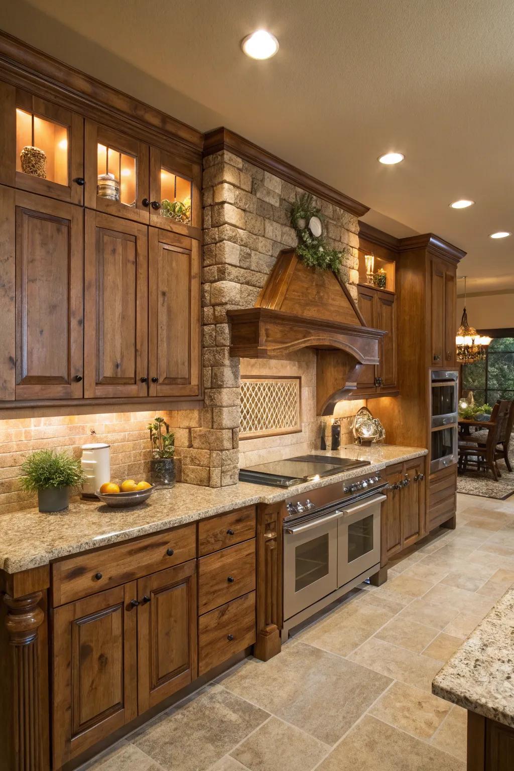 Wooden elements complement the natural tones of Santa Cecilia granite.