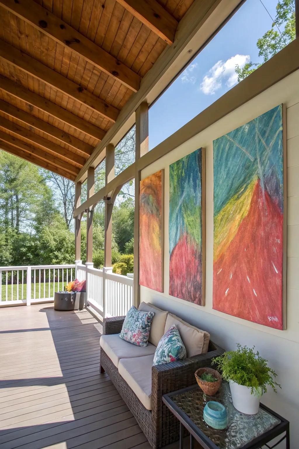 A DIY art piece adds a personal touch to the porch.