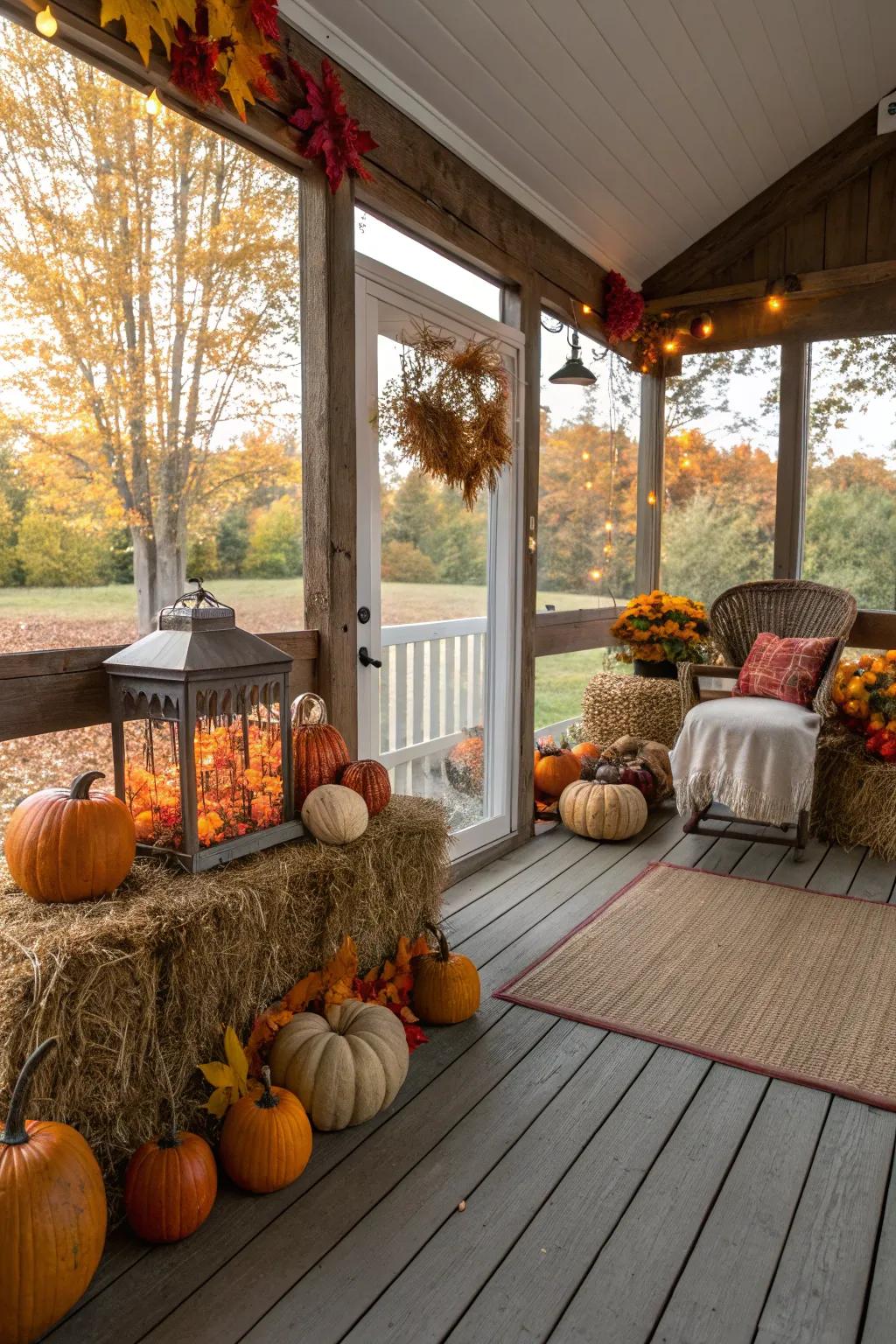 Seasonal décor maintains the porch's lively and relevant appearance.
