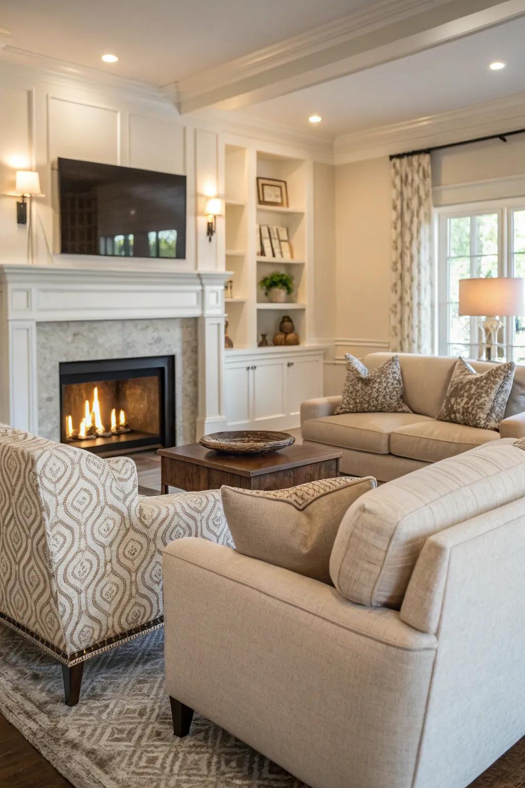 Subdued tones create a serene and unified fireplace seating zone.