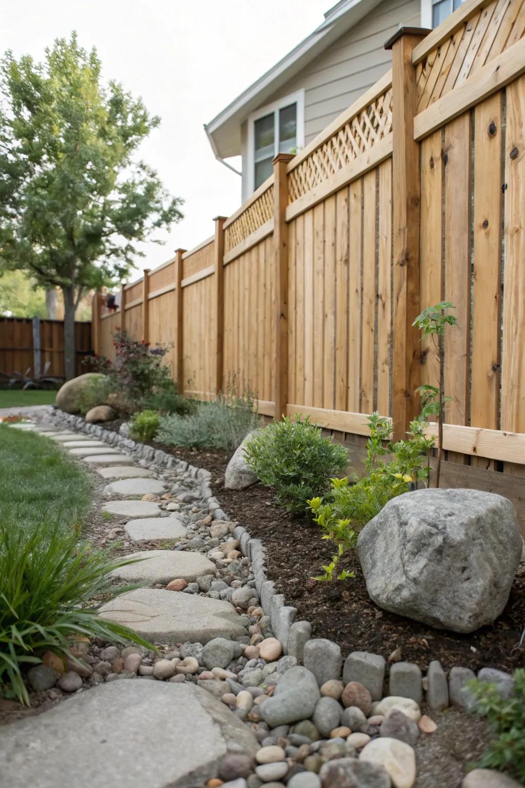 Uneven boards infuse texture and dimension into this tranquil backyard setting.