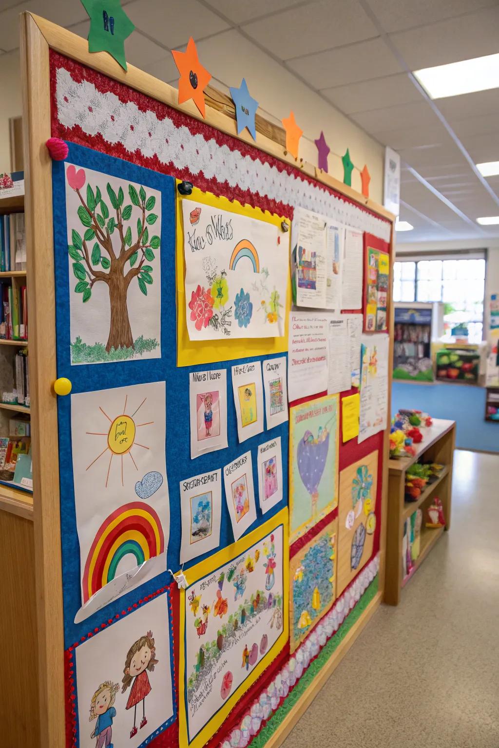 A harvest-themed bulletin board showcasing children's artwork.
