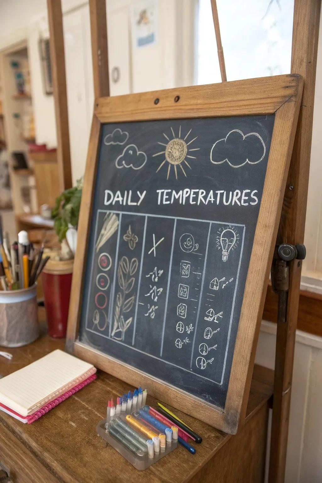 A chalkboard with a superbly sketched weather almanac monitoring daily temperatures.