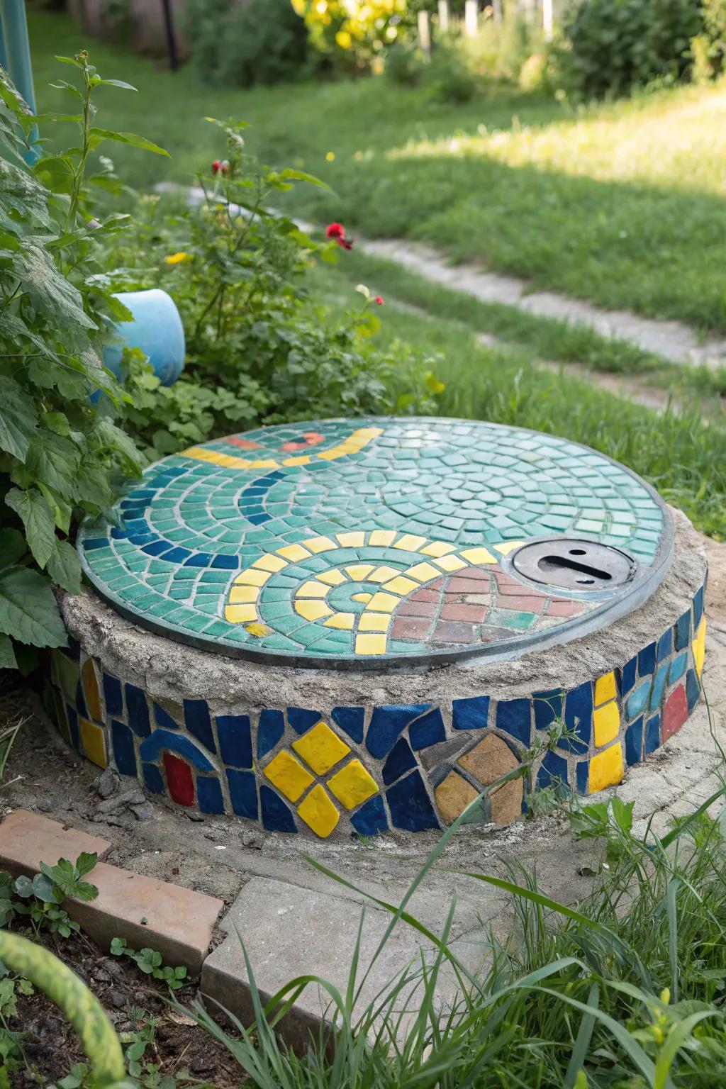 Mosaic art imparts an artistic flair to garden spaces.