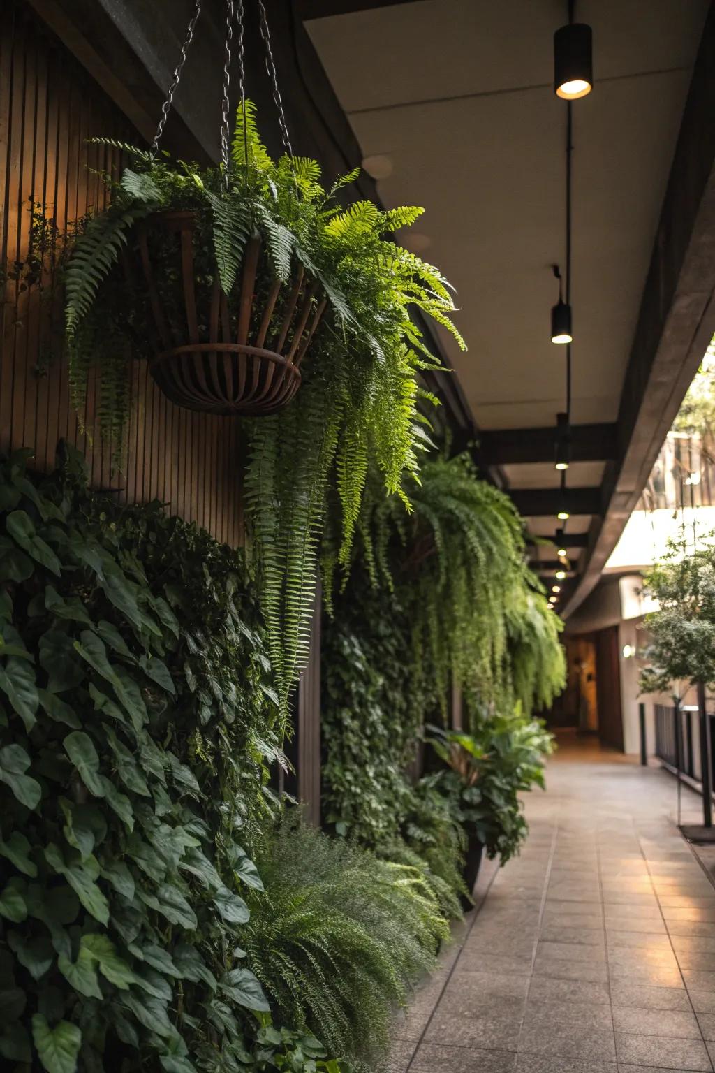 A vertical garden in a shaded area with hanging planters showcasing ferns and trailing plants.
