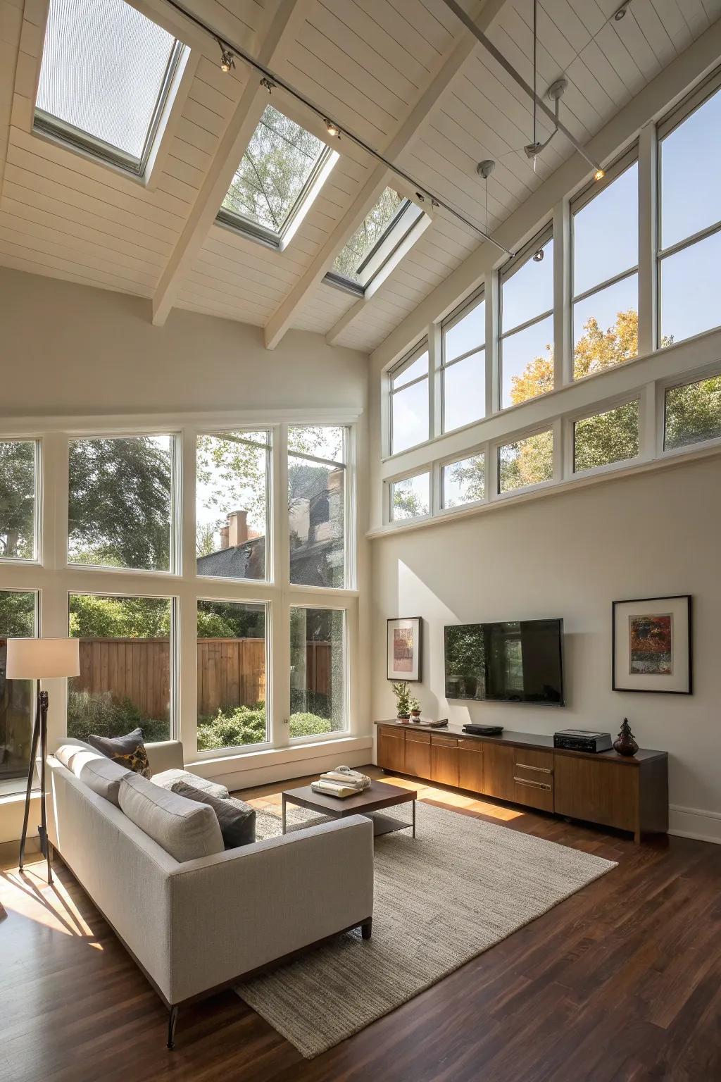 An urban haven featuring high windows that augment natural light.