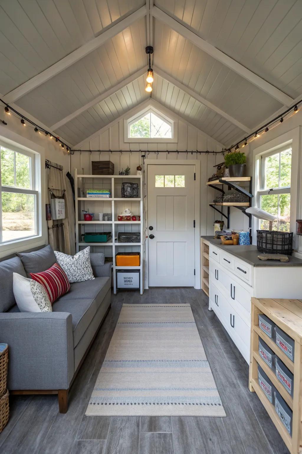 An efficiently configured shed dwelling interior maximizing space.