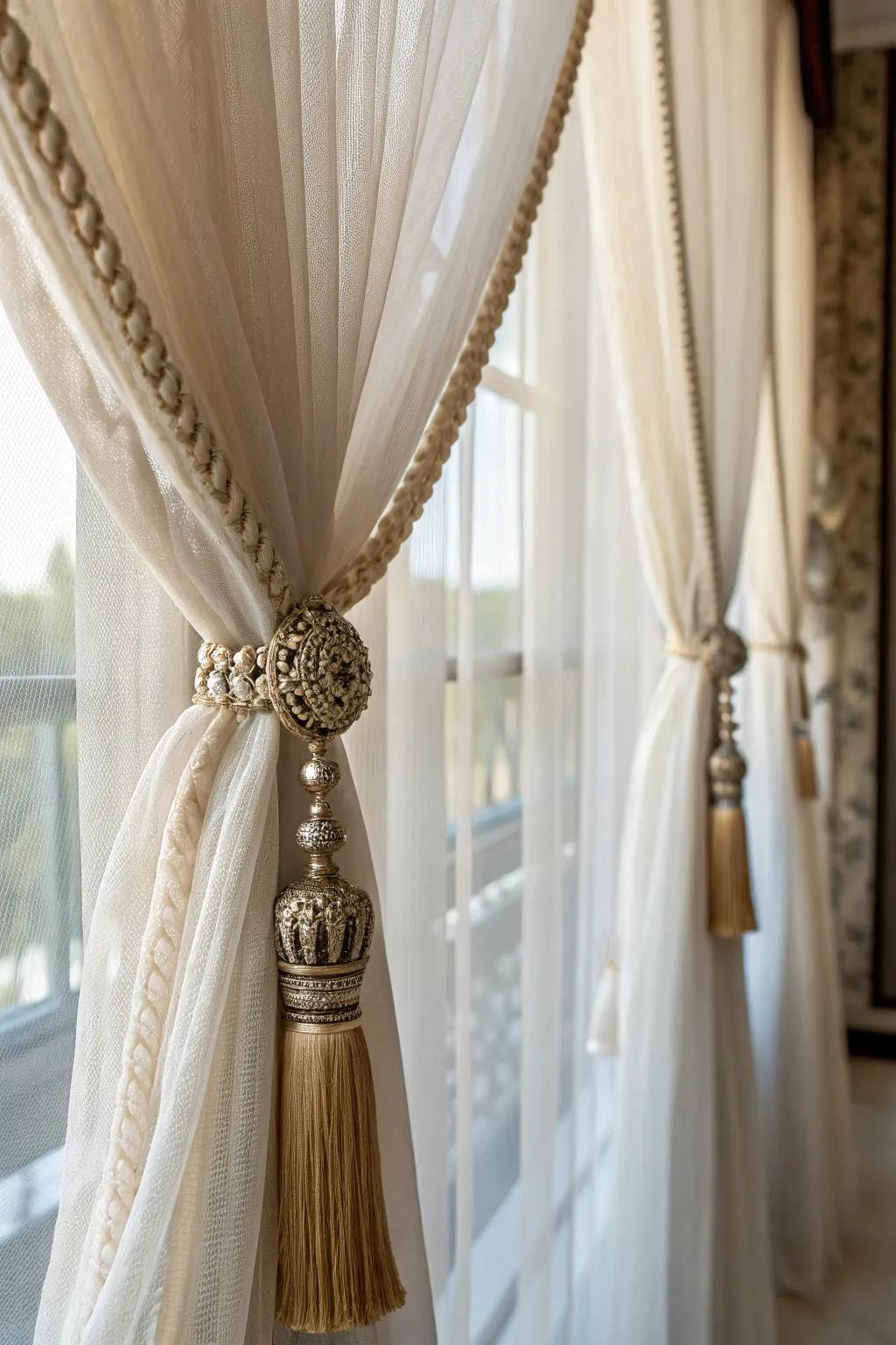 Elegant embellishments like tiebacks and drape poles heighten the sophistication of fine drapes.