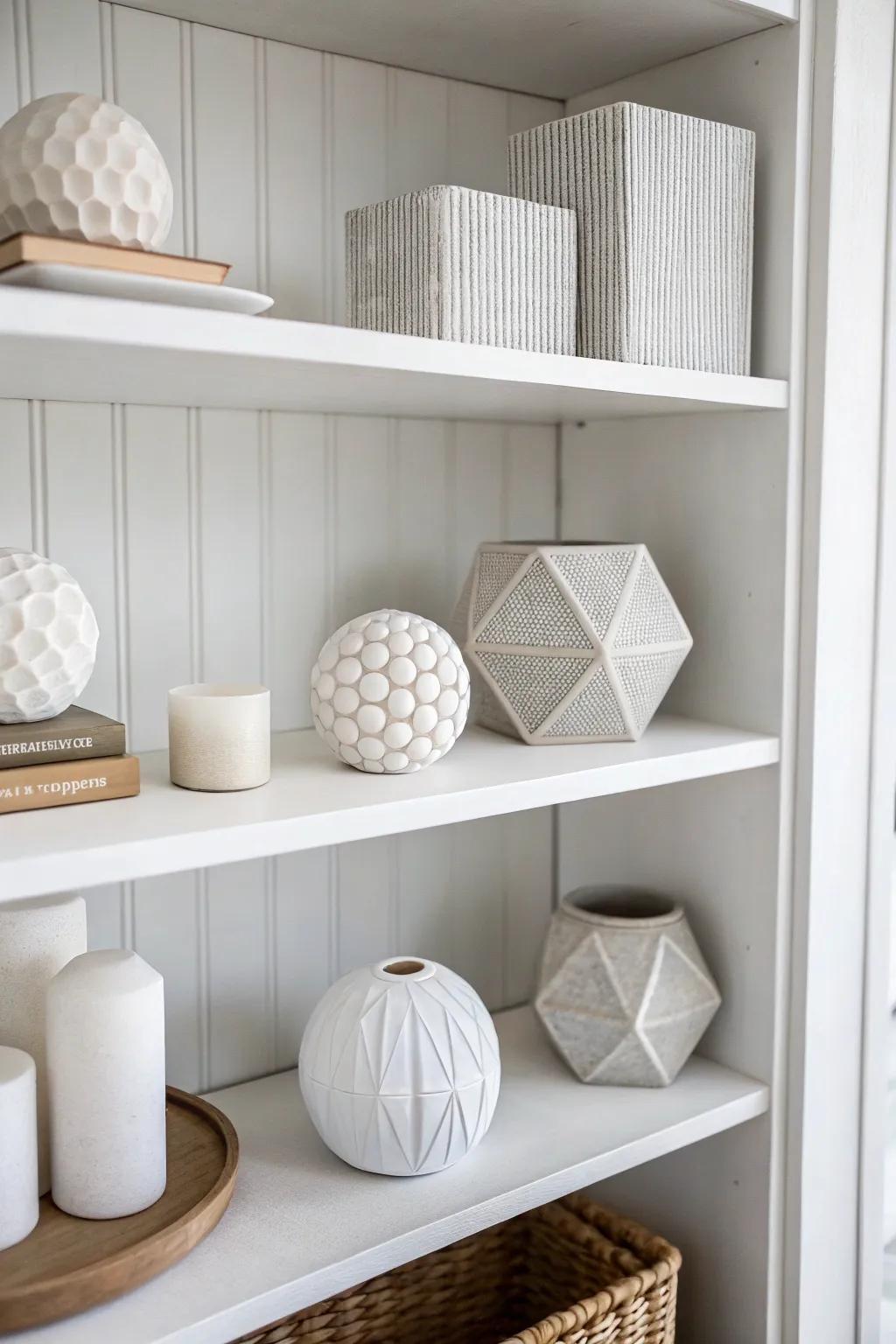 Distinctive shapes infuse intrigue and visual fascination to shelves.