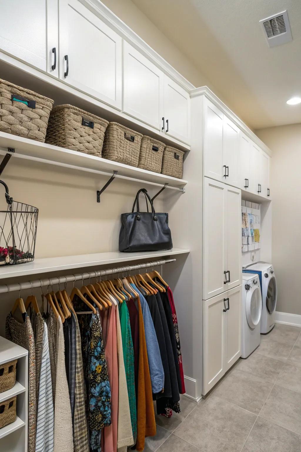Shelves are equipped with hooks and rods for versatile storage solutions.