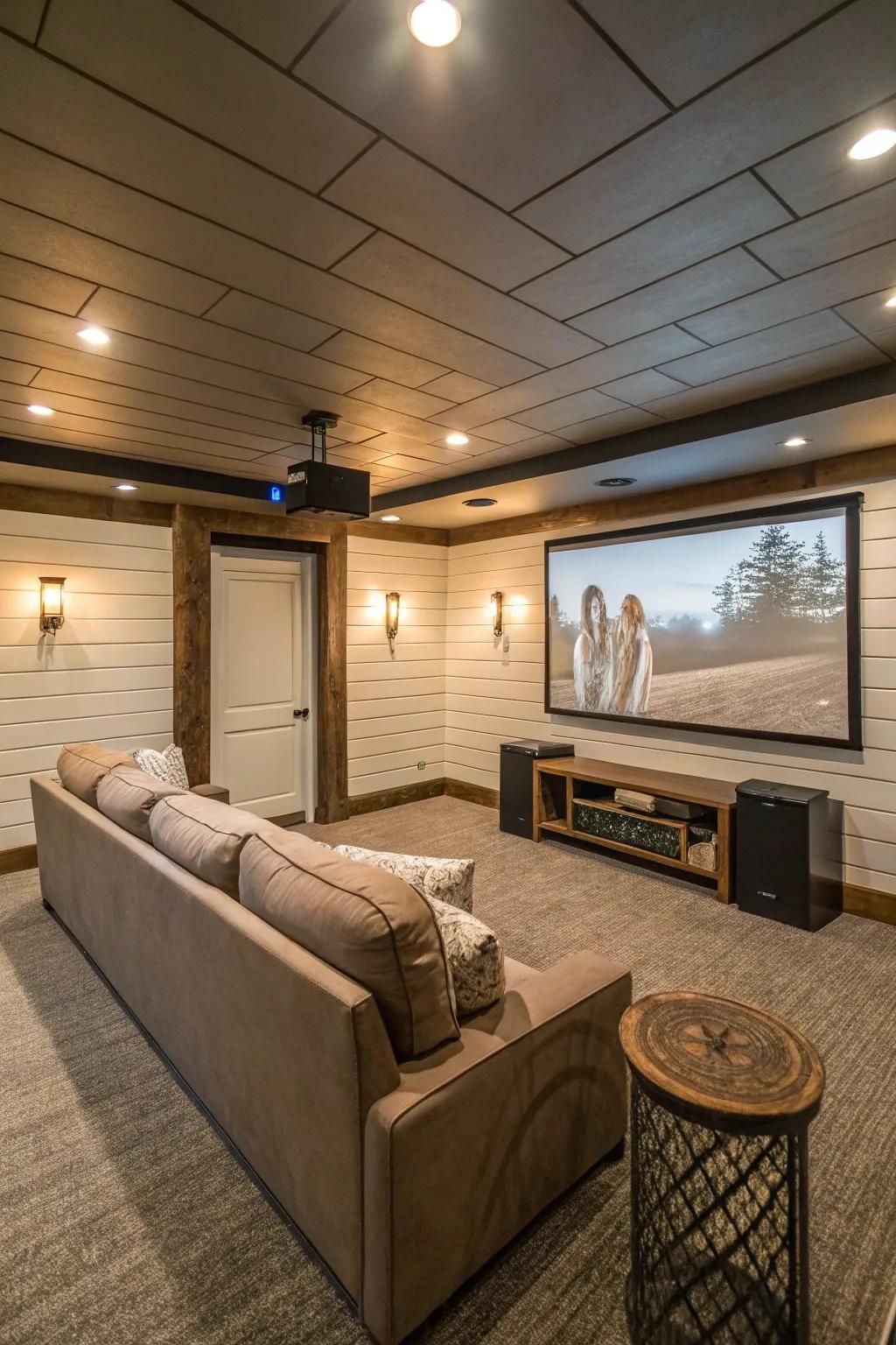 A home cinema in the basement enhanced with board and batten walls and deluxe seating.