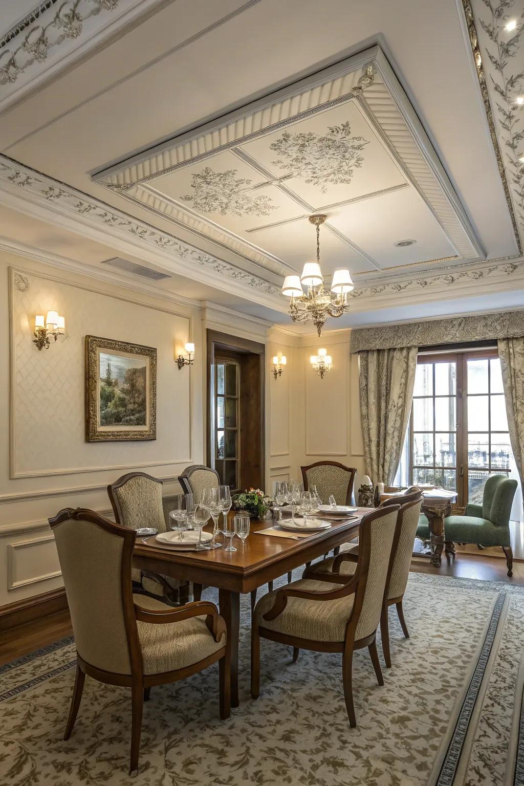 A polished plank ceiling outlined with ornamental edging.