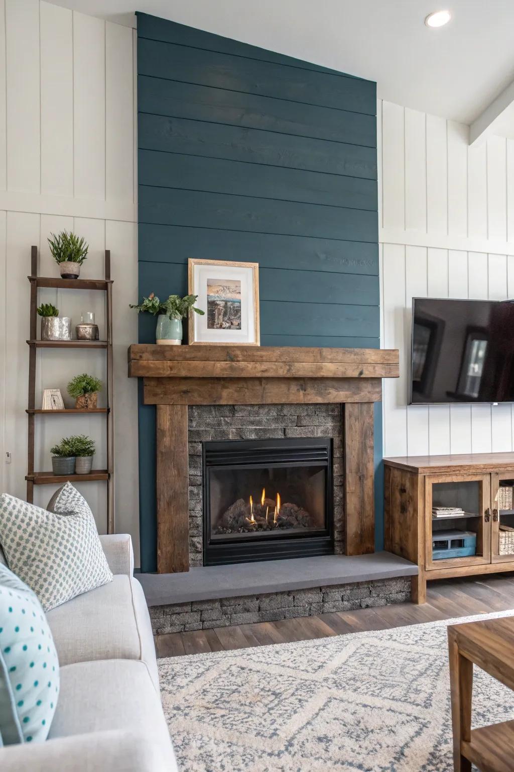 Opposing tones on shiplap and mantel inject a bold modern spin.
