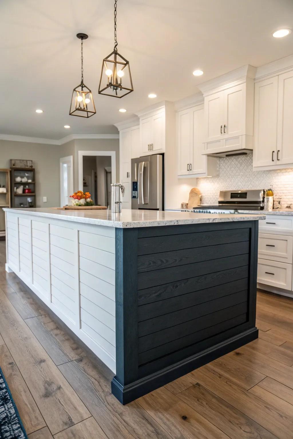 Dual-tone shiplap island crafts a striking visual effect.